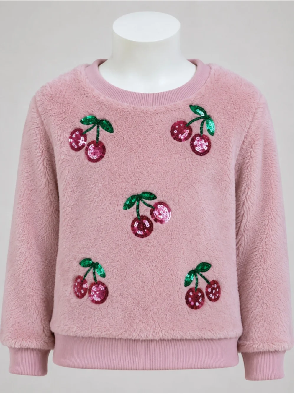 Derek Heart Girls Pink Cherry Sequin Sherpa Fleece Sweatshirt & Jogger Set